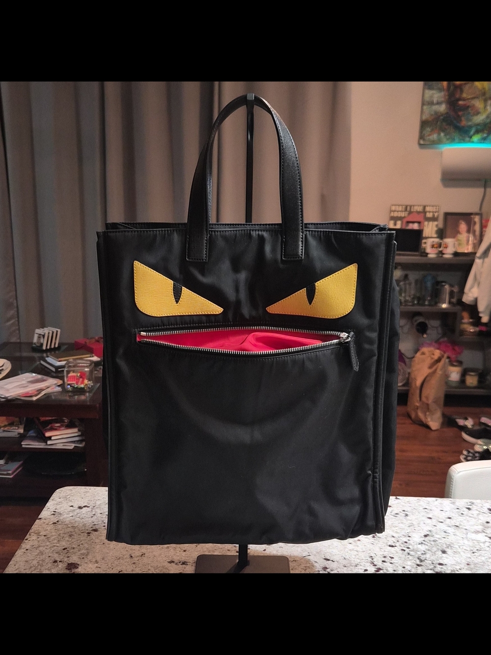 Authentic Fendi Monster Bag Bugs Nylon Tote Black Yellow Eyes